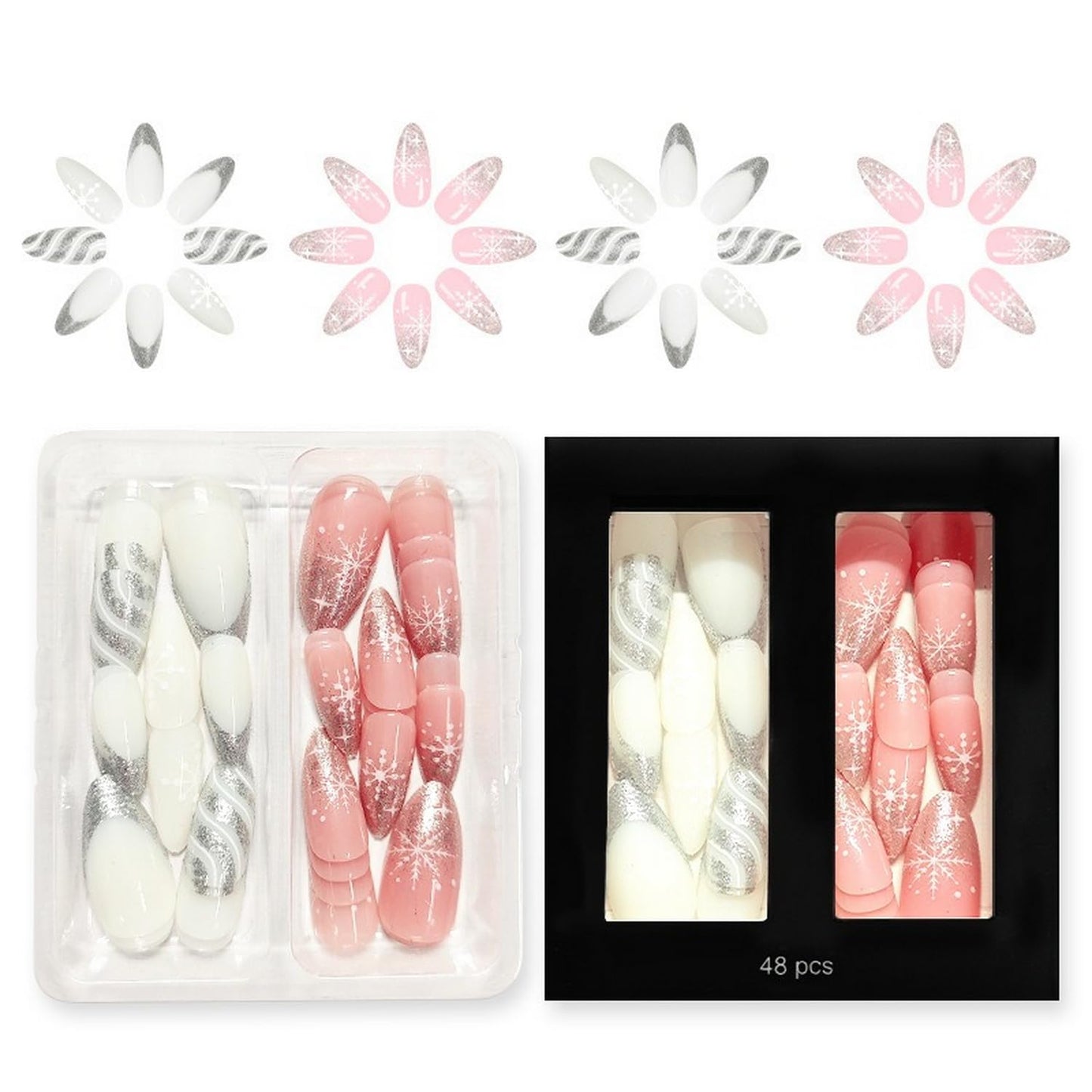 Christmas Press on Nails Kit 48 Pcs Medium Almond Ombre Fake Nails 2 Style French Tip False Nails with Snowflake Glitter Designs Elegant Glossy Glue on Nail Winter Acrylic Nails for Women Girls