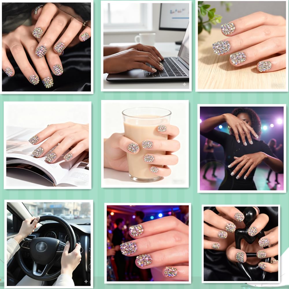 Elevenail 24pcs Handmade 3D Rhinestones Press On Nails Square Short Nails Women Girls Gifts Salon Manicure Shiny Crystal Nail Art Tips Fake Nails Reusable Acrylic False Nails
