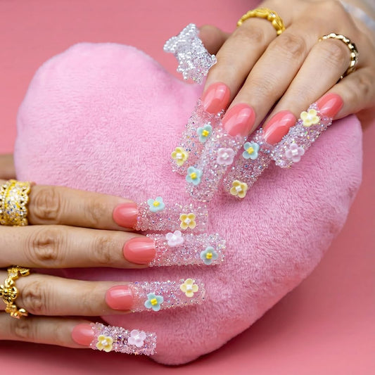 IntoVibes 3D Sugar Crystal Flower Press On Nails,Handmade Curved Down Groove Design, Pink Long Nails with Frosted Crystal Beads Cute Pastel Flowers, Reusable Fake Nails, Square Acrylic Nails(L)