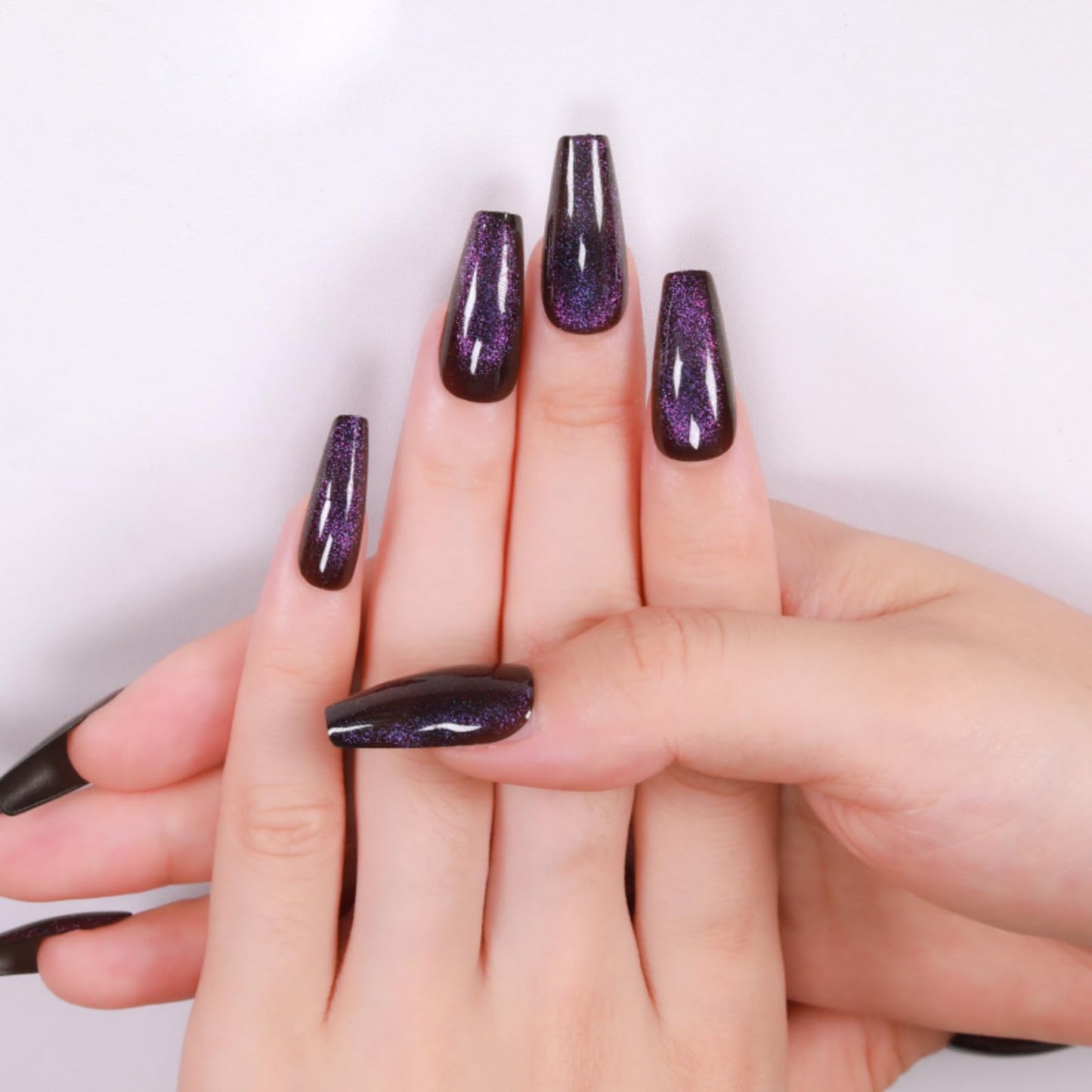 Gentle Claws Press On Nails - Midnight Purple | Dark Purple Glitter Velvet Nails, Medium Coffin Squared Press On Nails with Cat Eye Design for Women and Girls, 24 Pcs Reusable Fake Nails