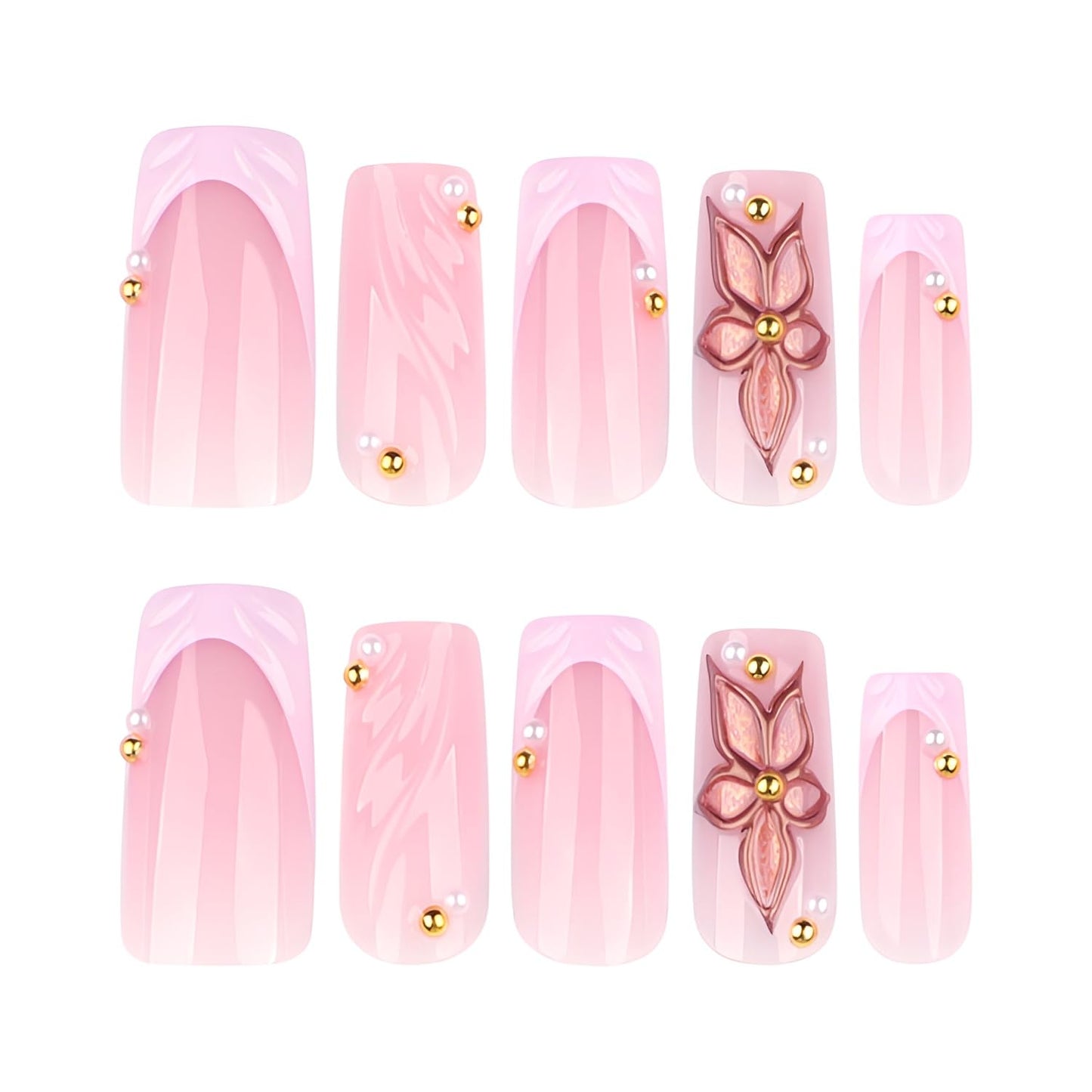 Pink French Tip Fake Nails Medium Square Press on Nails Flower False Nails Pink Nails Press Ons Glossy Full Cover Stick on Nail with Gold Rhinestones Design Acrylic Glue on Nail for Women Set 24Pcs