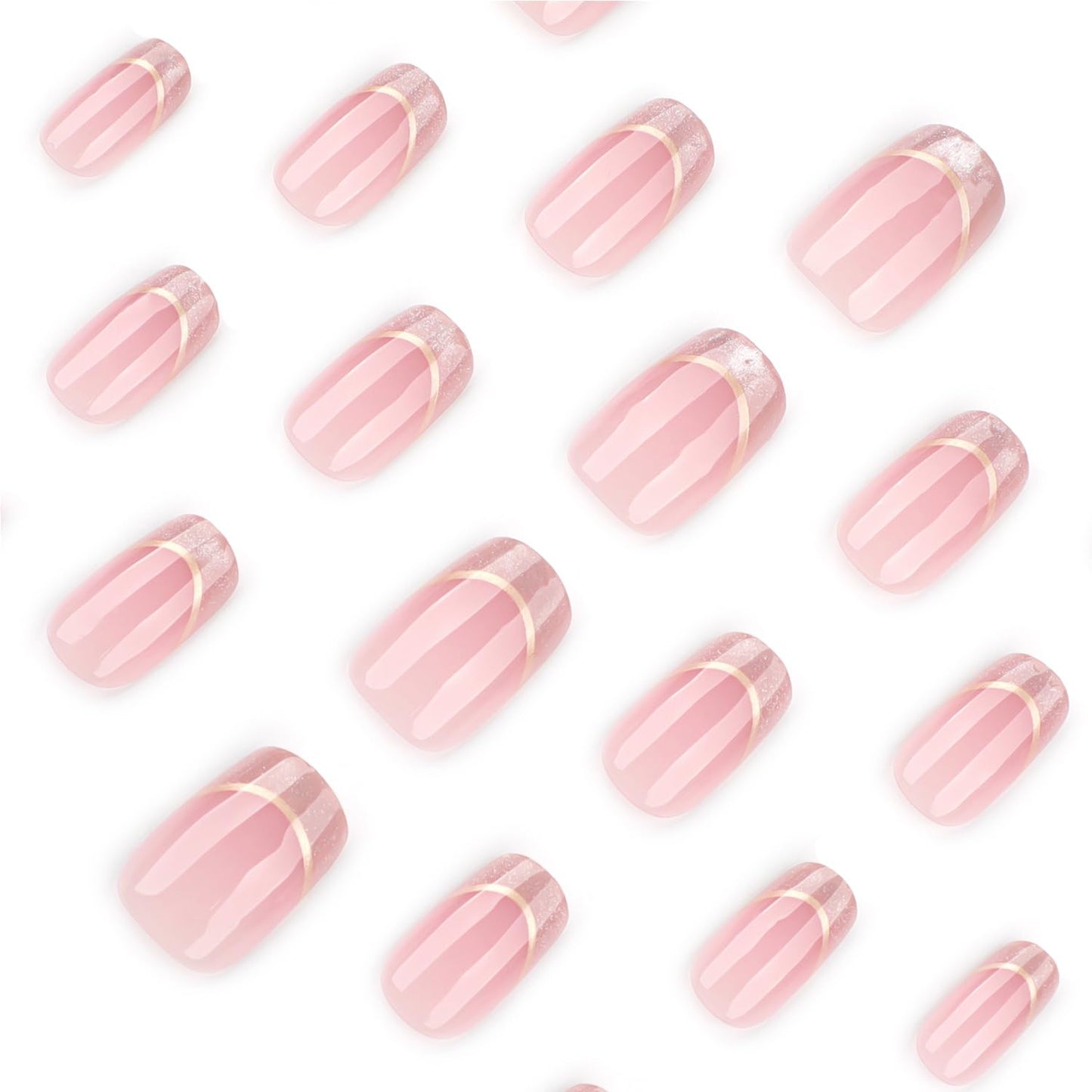 Taoyisent Elegant Pink Glitter French Tip Press-On Nails with Gold Accent, Square Shape False Nails, Salon-Quality Nail Kit for Women, 24Pcs