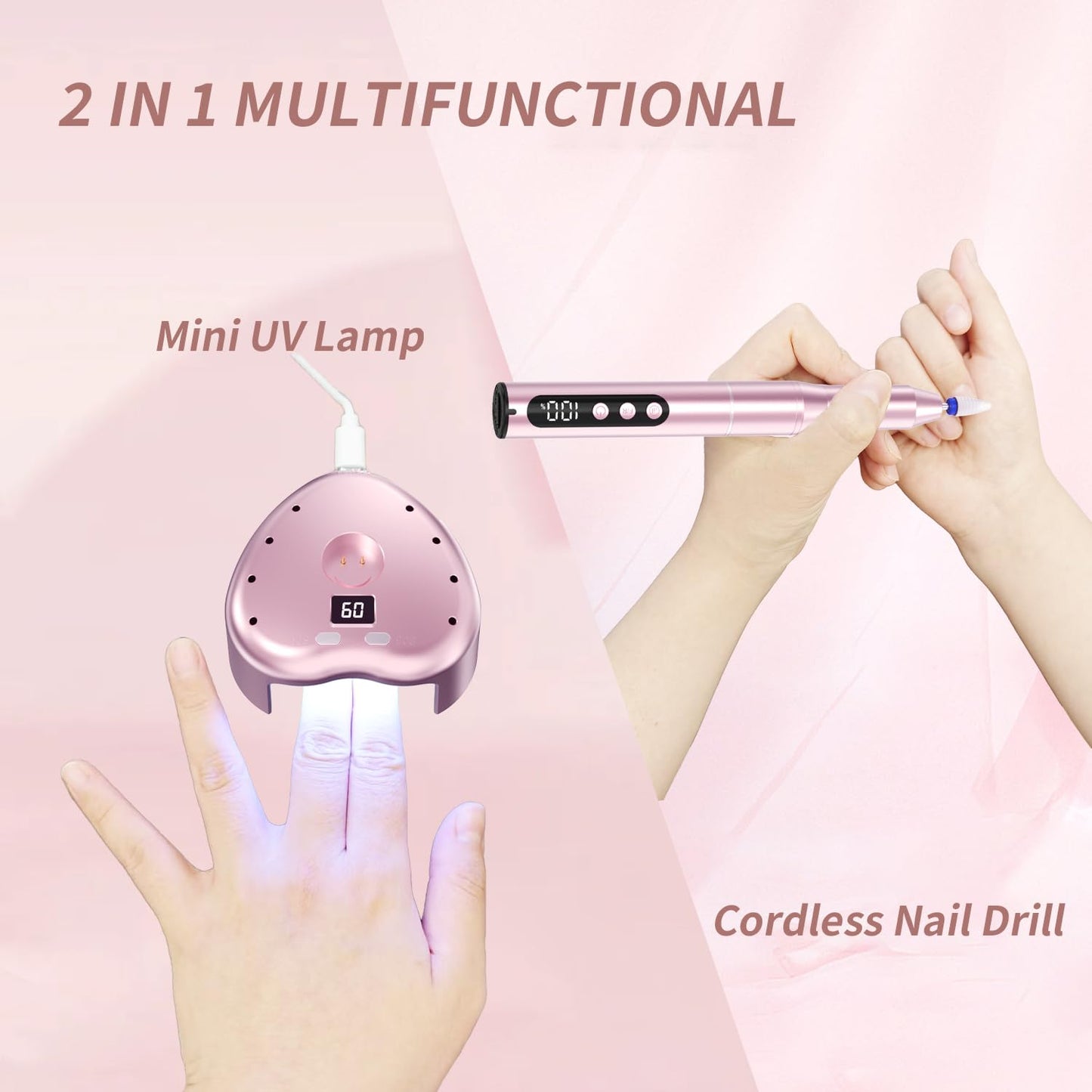 Denabuty Cordless Electric Nail Drill File: 35000RPM Professional Nail Drill Machine with UV LED Nail Lamp Charging Base, Manicure Pedicure Kit E File for Acrylic Gel Dip Powder Polish Pink