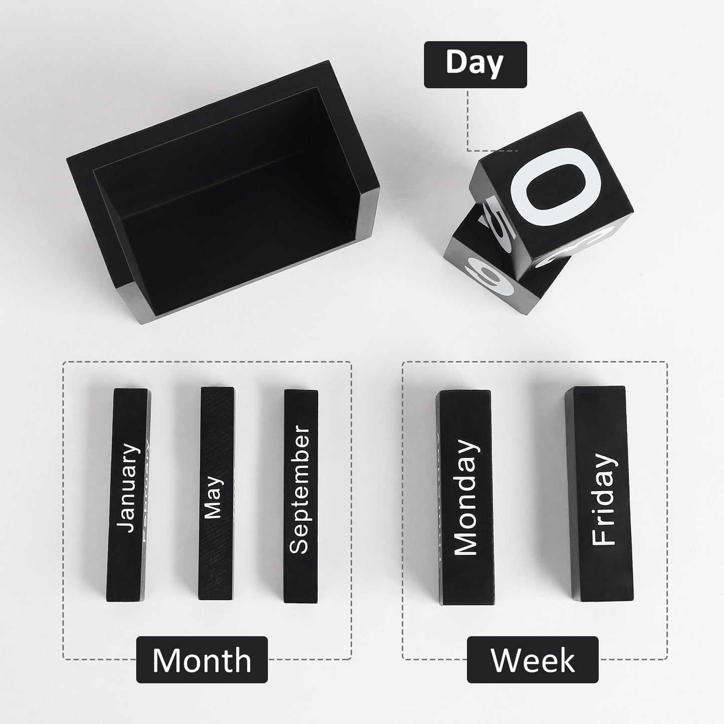 DEERINE Wooden Block Calendar for Desk, Daily Desktop Perpetual Desk Calendar, Cute Date Display Blocks Desk Accessory for Home Office Decor, Teacher, Classroom, Reusable Yearly, Black