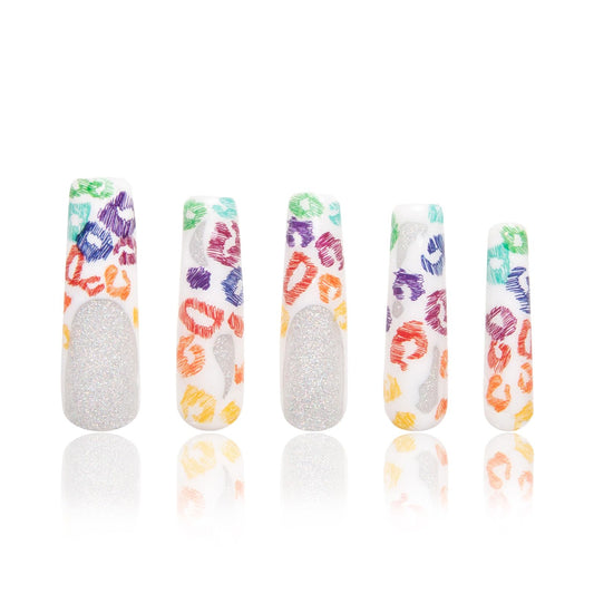 LOVFUL Press on Nails Rainbow Leopard| Handmade with Full Covered Crystals| Reusable Fake Nails| Square Mid length 1.7in| H242-L