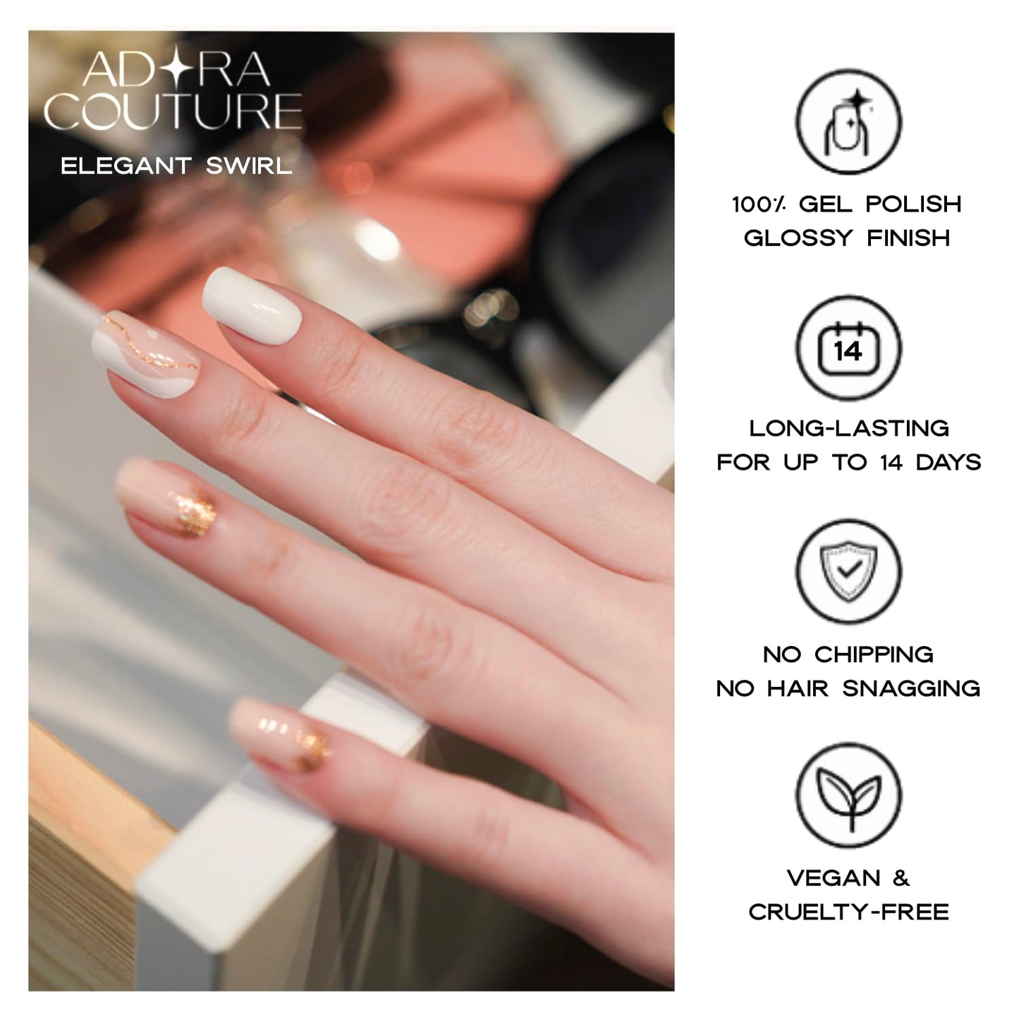 Adora Couture Semi Cured Gel Nail Strips with 30 Pieces - Salon Quality Manicure Kit for Women Easy Application Wraps Includes Prep Pads Nail File Wooden Stick, UV Light Required (Pink Swirl)