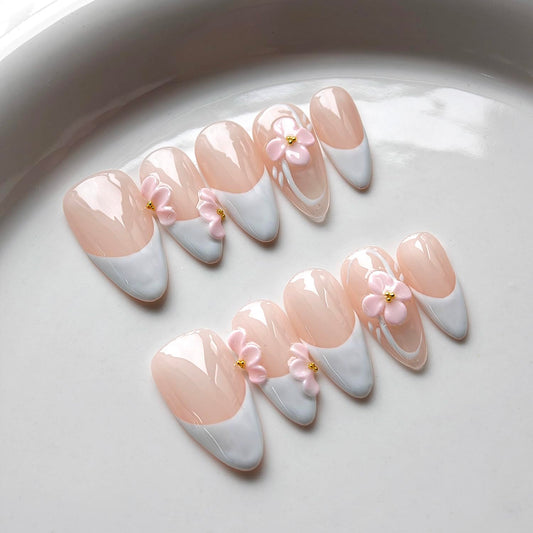 French Tip Press on Nails Handmade Medium Almond 3D Thick Acrylic Nails White False Nails with Flower Gold Ball Designs Elegant Glossy Fake Nail Sturdy Art Press on Nail 10Pcs(M)