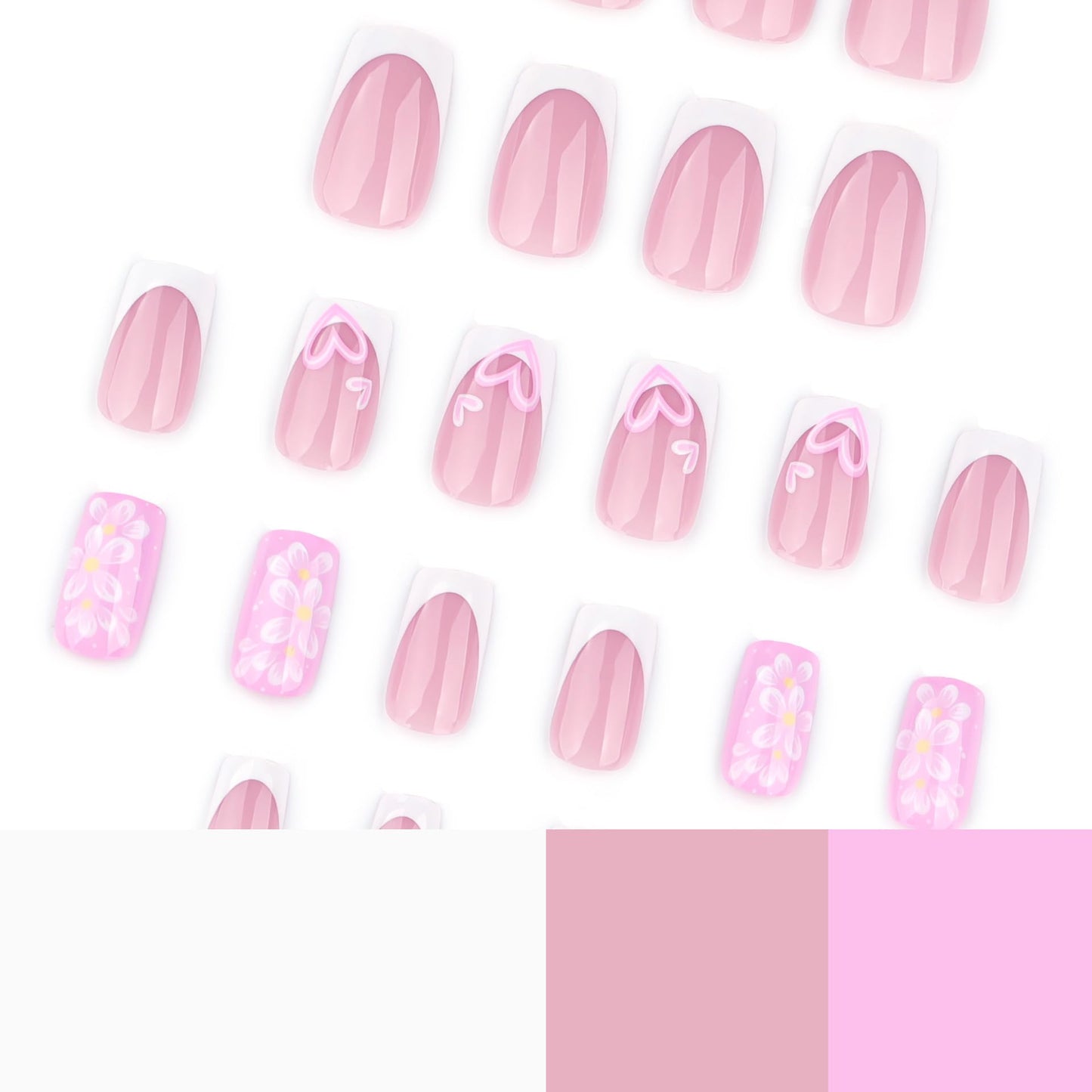 White French Tip Press on Nails Medium Square Fake Nails Stars False Nails with Flower Design Glue on Nail Pink Acrylic Nails Full Cover Stick on Nail for Women 24Pcs
