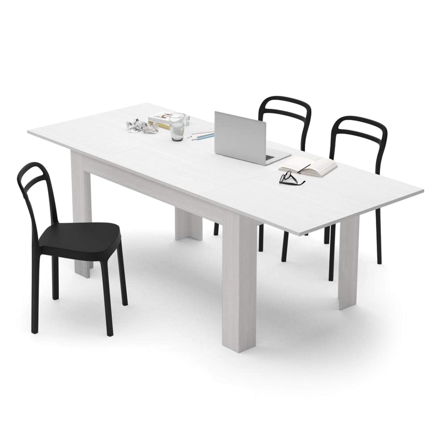 Mobili Fiver, Easy, Extendable Dining Table, 55.1(86.6) x35.4 in, Ashwood White, for 6-8 People, Expandable Dining Table for Kitchen, Italian Furniture