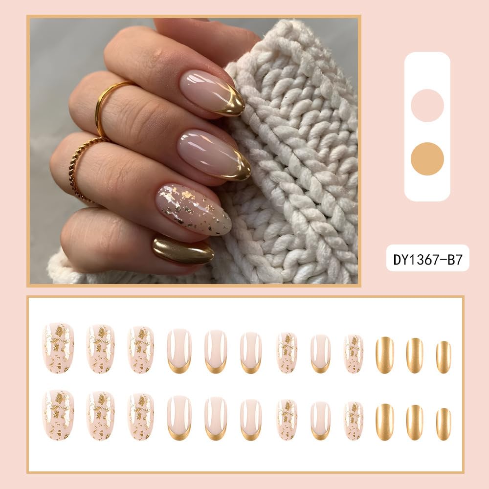 Gold French Tip Press on Nails Short Almond Fake Nails with Glitter Design - Glossy Full Cover Stick on False Nails for Women - 24 Pcs