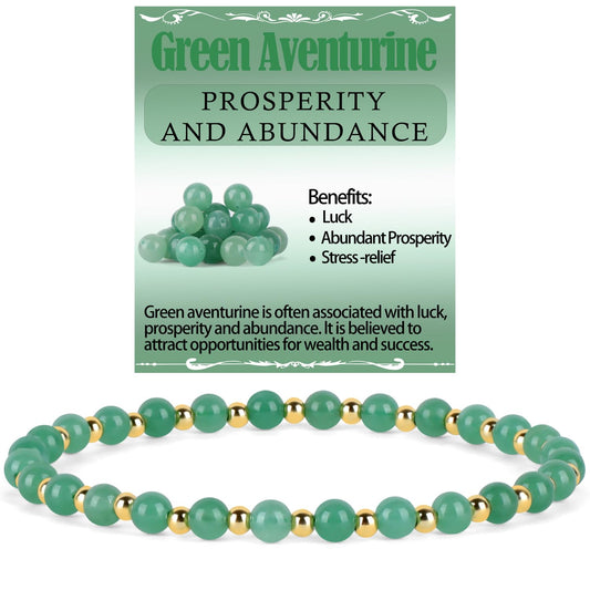 QOGIR Green Aventurine - Prosperity - 14K Gold Plated Beads Natural Gemstone Stretch Elastic Dainty Healing Beaded Bracelets Gifts 4mm