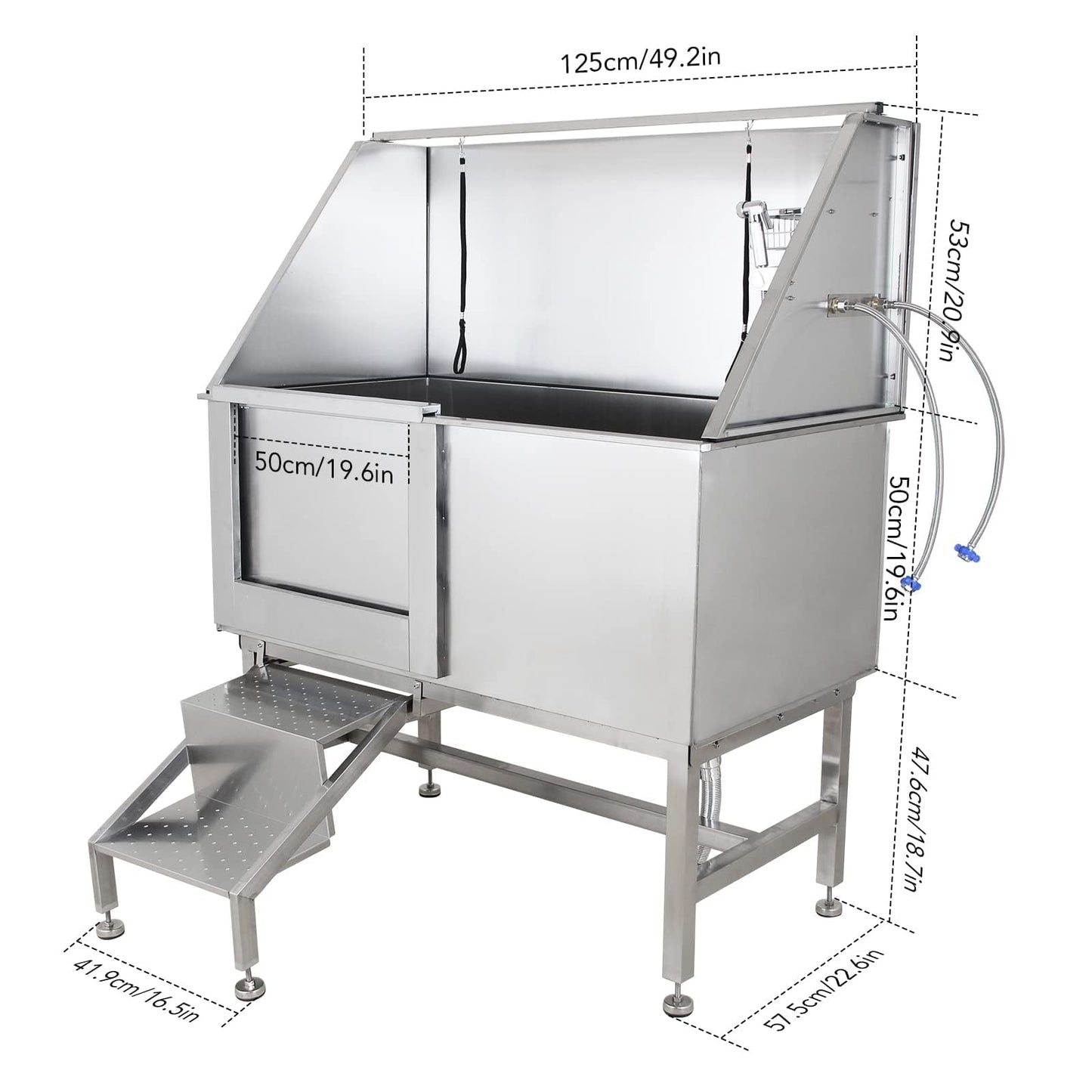 Towallmark 50" Dog Grooming Bathing Station, Professional Stainless Steel Pet Grooming Tub w/Removable Ramp, Storage Drawer, Floor Grate, Stairs Faucet, Dog Bathtub for Large, Medium & Small Pets