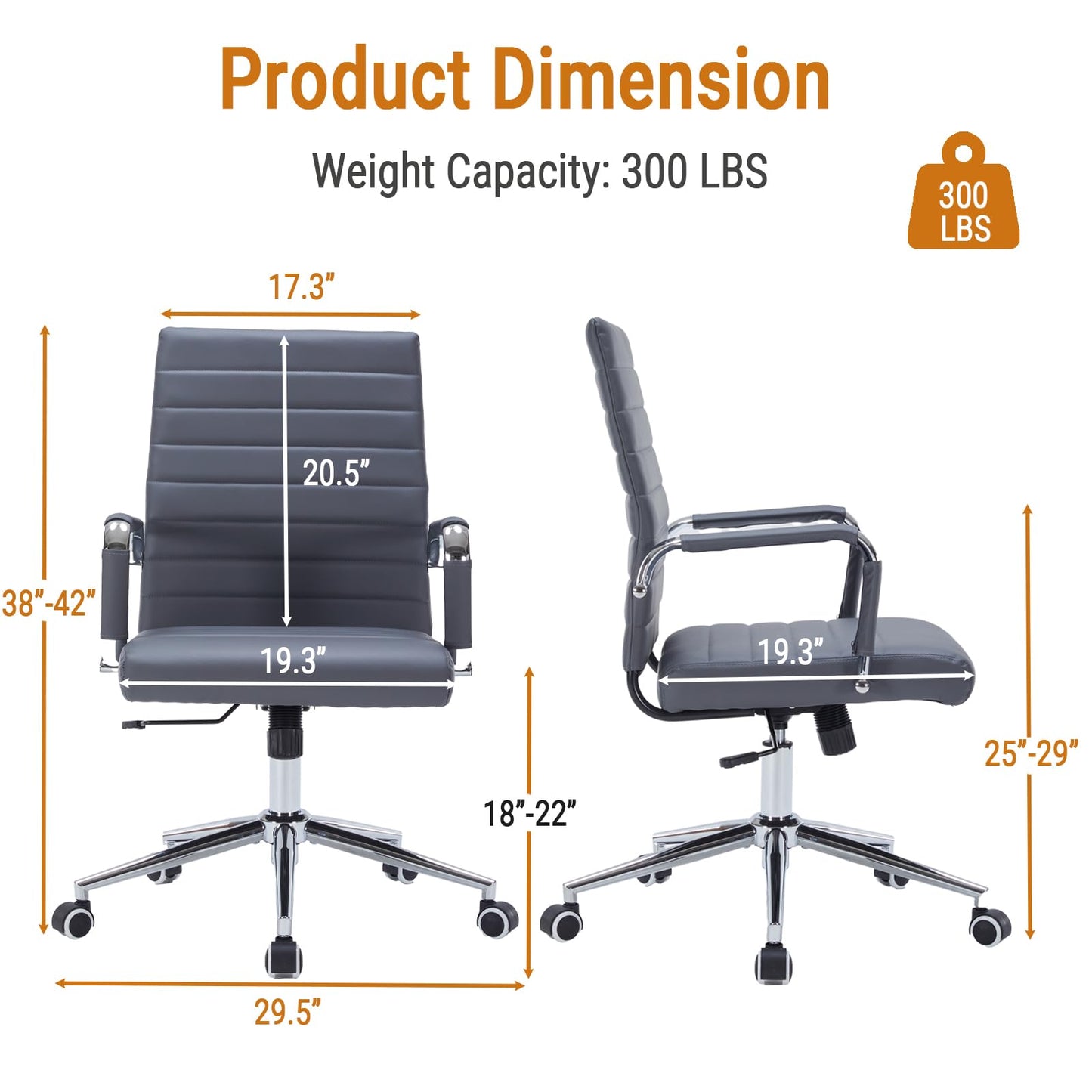 Sidanli Executive Desk Chair, Ergonomic PU Leather Conference Chair with Adjustable Lumbar Support and Rolling Wheels for Home Office Game Room, Mid Back, Gray