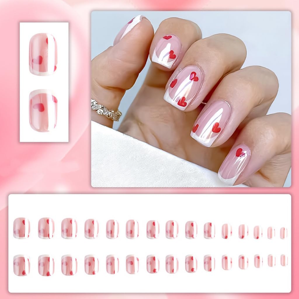 White French Tip Press on Nails Square - Short Fake Nails with Red Heart Design - Chrome Full Cover Stick on False Nails - for Women 24 Pcs