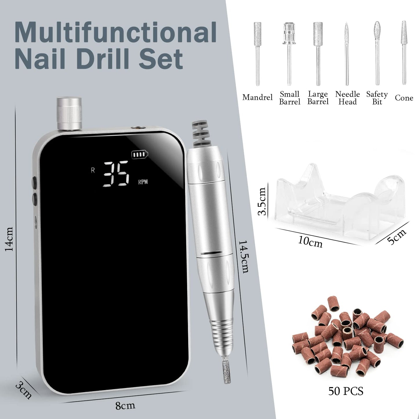 Cordless 35000 RPM Electric Nail File,Portable Acrylic Nail Drill,Rechargeable Nail Drill with 6 Bits and 50pcs Sanding Bands for Manicure Salon Home, Black