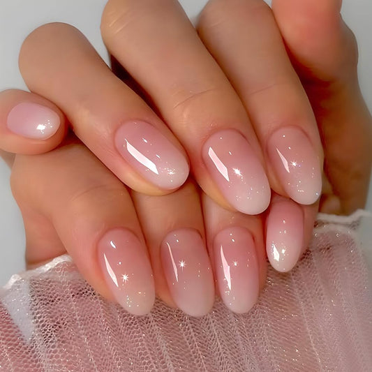 Almond Medium Round Pink Ombre False Nails - 24pcs Press On Acrylic Nails with Gloss Designs