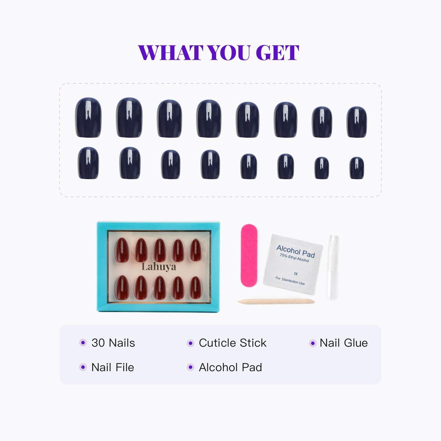 LAHUYA Press On Nails – Velvet Wine | Nail Artist Designed Short Almond Fake Nails with Deep Wine Red Glossy Finish, Reusable Press On Nails in 15 Sizes – 30 Nails Kit with Glue