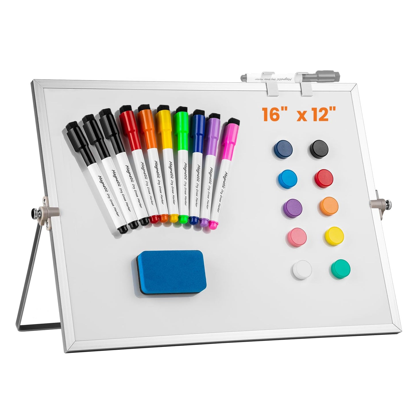 Dry Erase WhiteBoard, Aisuoker 16 x 12inch Magnetic Desktop Whiteboard with Stand, 10 Markers, 10 Magnets and 1 Eraser, Portable Double-Sided White Board for Kids Drawing Memo to Do and List Wall