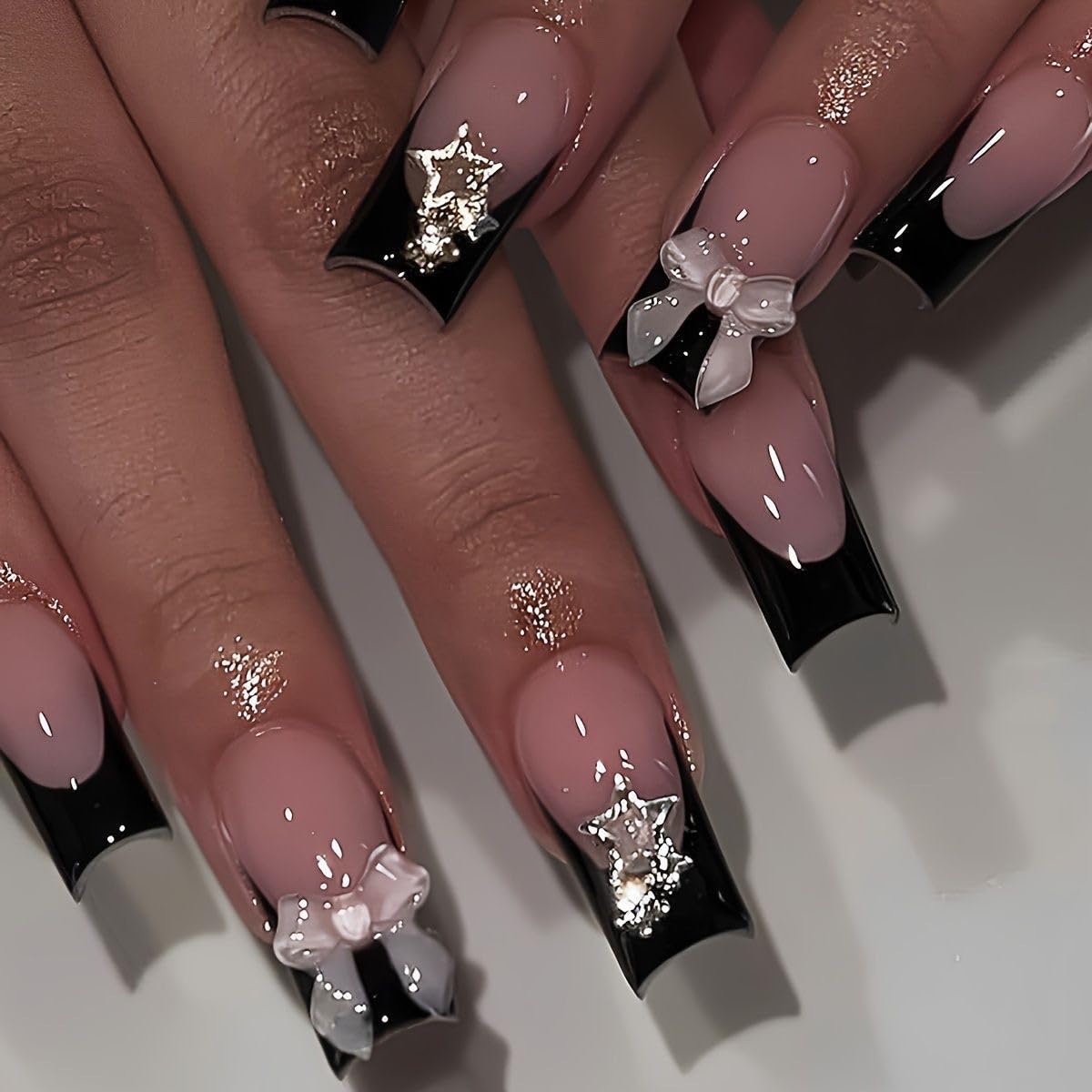 Medium Press on Nails Coffin Fake Nails Black French Tip False Nails with Bow Star Charms Design Glue on Nails Glossy Full Cover Stick on Nails Elegant Acrylic Nails Press ons for Women Manicure 24Pcs