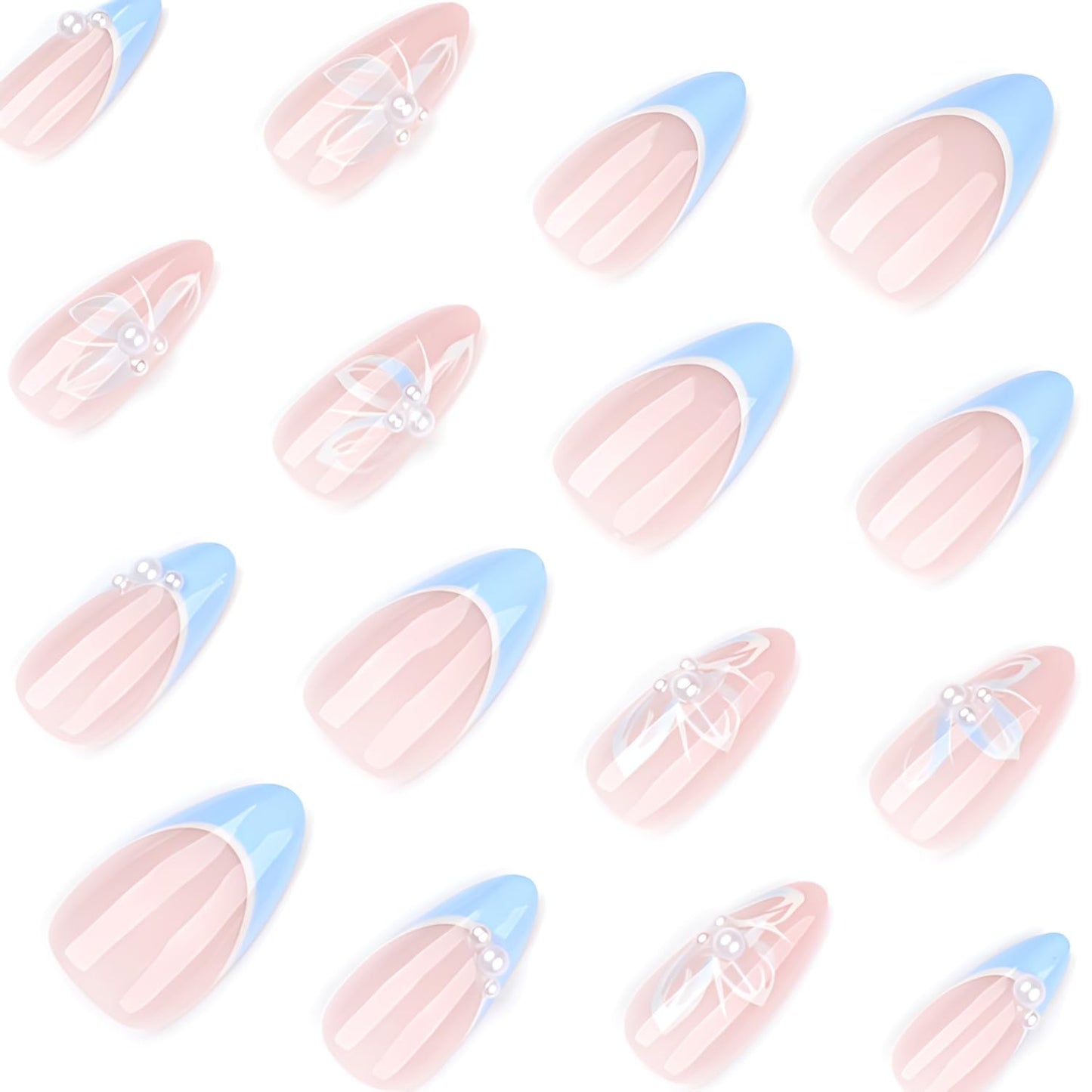 French Tip Press on Nails Medium Almond Fake Nails Flower Nails Press Ons with Pearl Design Glossy Full Cover False Ons Nail Spring Summer Glue on Nail DIY Acrylic Stick on Nail for Women 24Pcs