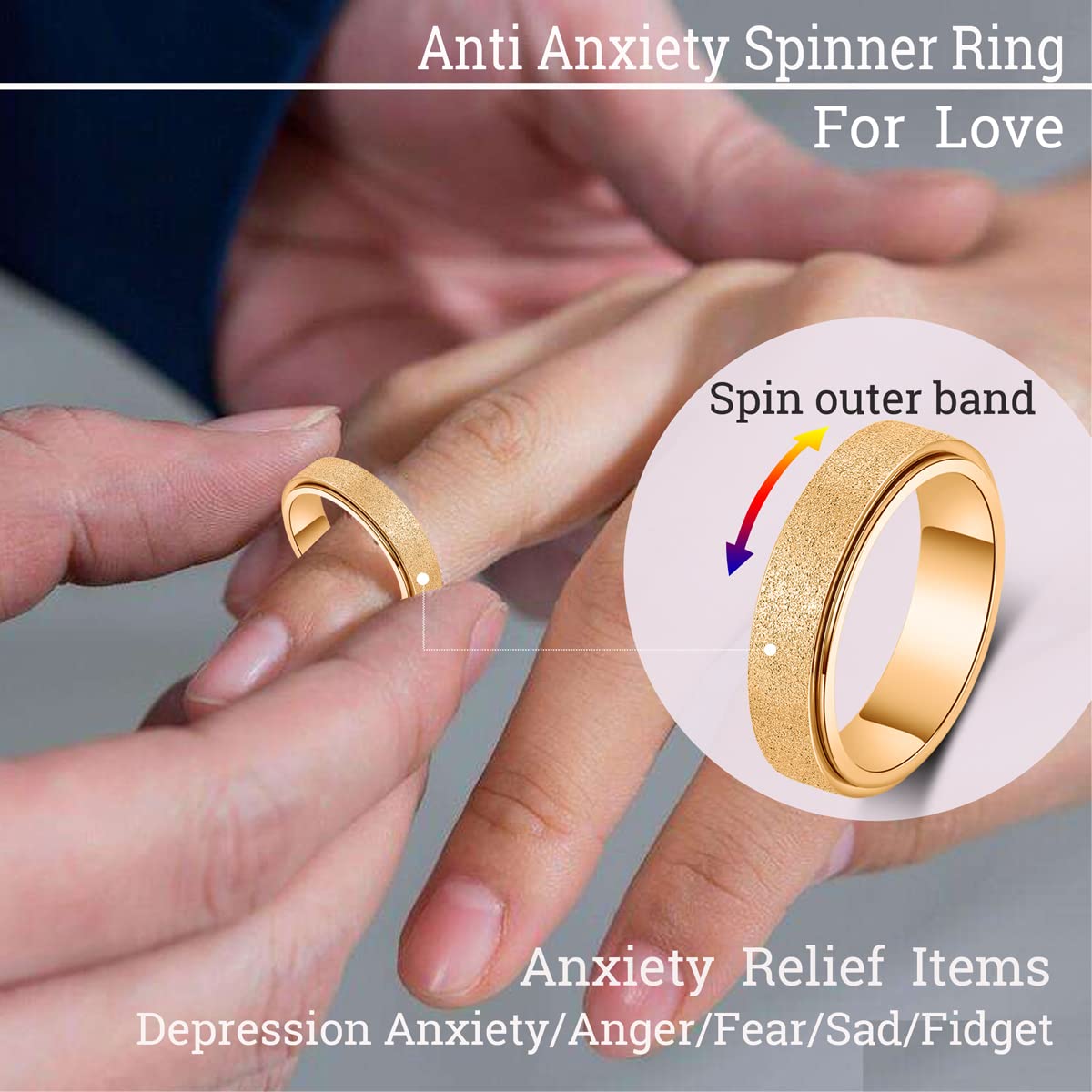 OreilleStar Anxiety Ring for Women Men Fidget Toys Adults Titanium Stainless Steel Fidger Spinner Ring 6mm Wide Cool Mood Thumb Rings Band Rings Gold Size 10