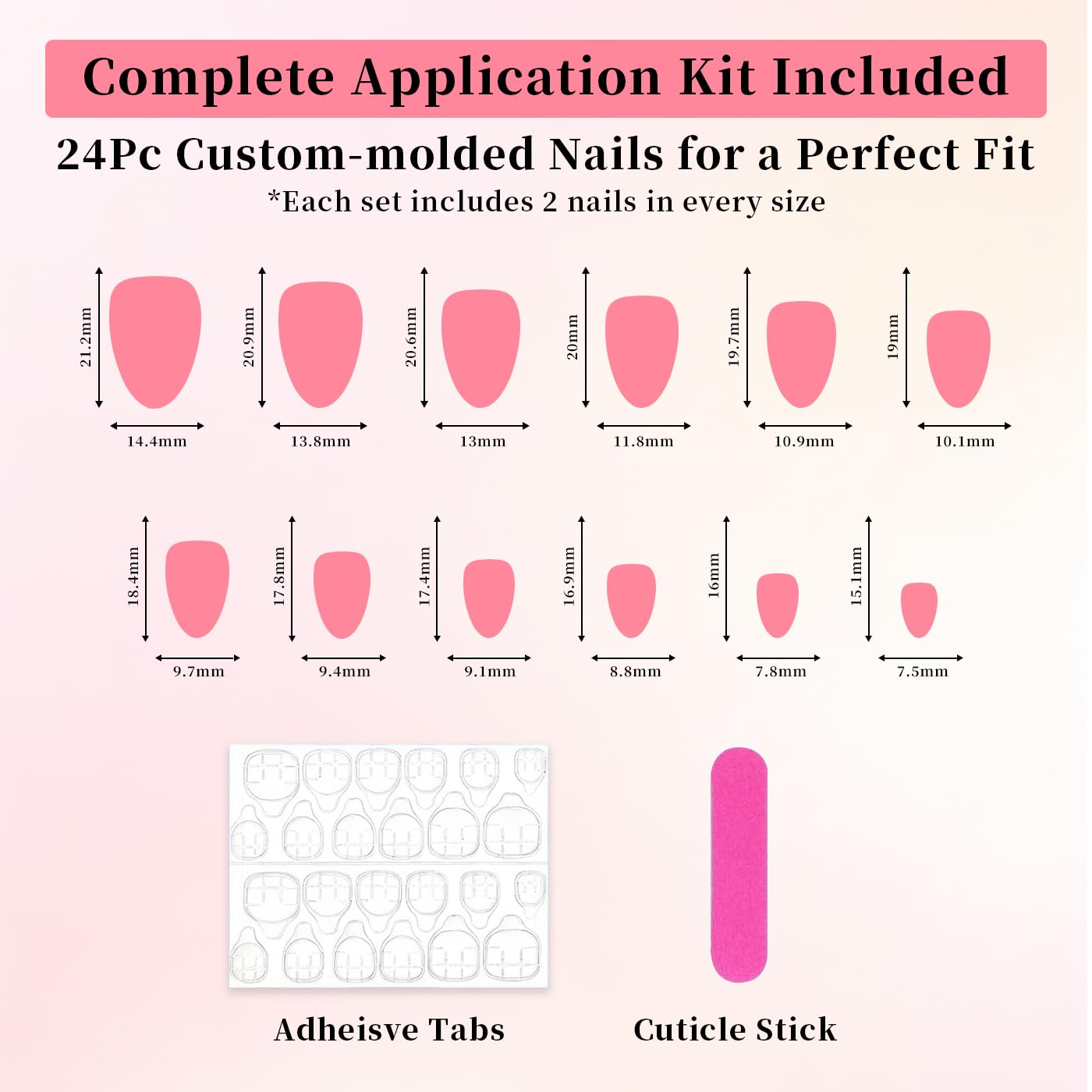Goolich Bright Pink French Tip Press On Nails Short Almond, Bead with 3D Floral Mermaid Nails Press ons Set with Adhesive Tabs, 24 Pcs 12 Size Reusable Full Cover Glue on Nails for Women