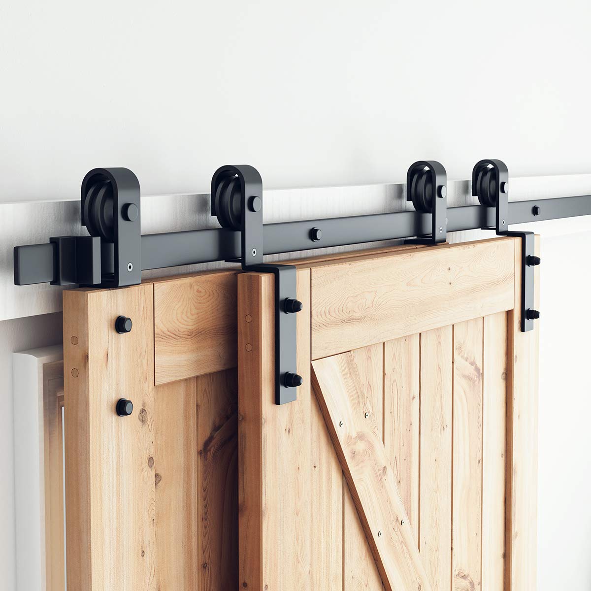 SMARTSTANDARD 5 Feet Bypass Sliding Barn Door Hardware Kit - for Double Wooden Doors-Single Track - Smoothly & Quietly - Easy to Install-Fit 48" Opening