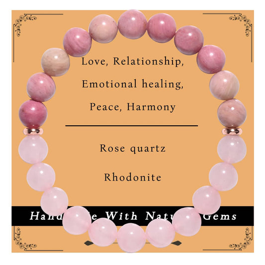 Gracayfr Anxiety Relief Emotional Balance Bracelet Natural Stone Healing Crystal Spiritual Empath Protection Gemstone Stretch Bead Rose Quartz Rhodonite