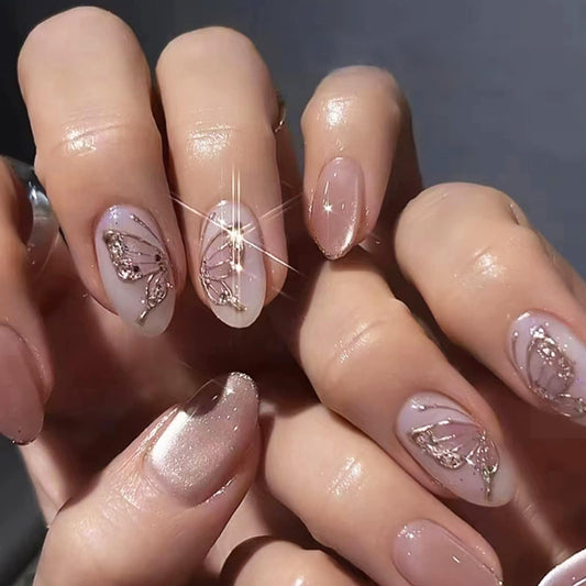 Short Almond Press on Nails Sparkly Butterfly Fake Nails Nude Pink with Butterfly Glitter Design Glossy Full Cover Acrylic Nails Reusable Stick on Nails Glossy Artificial Nails for Women