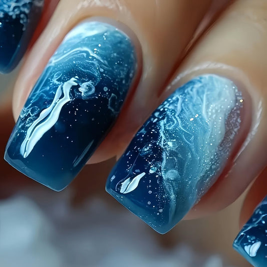24Pcs Ocean Blue Fake Nails Short Medium Square Press on Nails with Dark Blue Gradient Designs Waves Nail Press ons Glossy Full Cover Glue on Nails Reusable Stick on Nail for Women Manicure