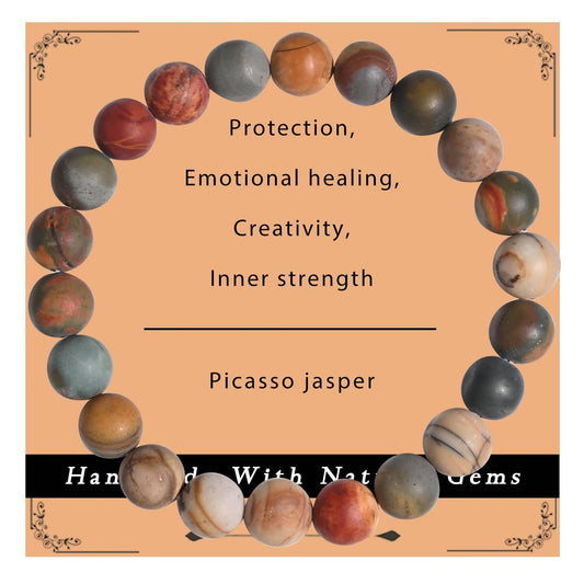 Gracayfr Stress Relief Bracelet Triple Protection Emotional Healing Crystal Spiritual Empath Protection Natural Stone Gemstone Stretch Bead Jewelry For Women Picasso Jasper