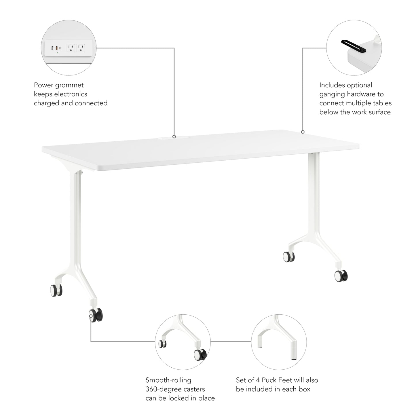 Bush Business Furniture 60-inch Rolling Rectangle Conference Room Table, Modular Training Table with Wheels for Meetings and Classrooms, Commercial Office Furniture, Synergy Collection, White