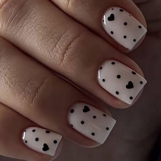 Valentine's Day Press on Nail Short Square Fake Nails with Polka Dot Heart designs White Black False Nails Glossy Full Cover Acrylic Press ones Reusable Glue on Nails for Women Girls Manicure24pcs