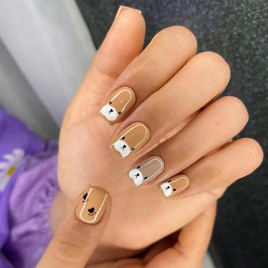 EYZOTSF Press on Nails Square Short Length Acrylic Glossy Full Cover Cute French False Nails with Bear Designs Artificial Extra Short Square Shaped Fake Nails Glue ons Fingernails for Women