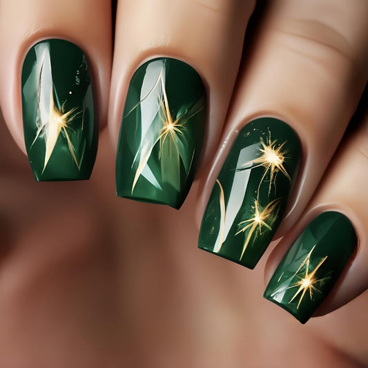 Green Press on Nails Medium Square Lightning Design Full Cover Glossy Artificial Acrylic Coffin Nails Reusable Glue on DIY Stick on for Women 24Pcs