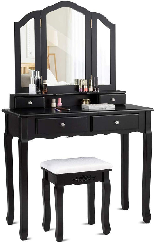 ReunionG Vanity Set with Tri-Folding Mirror and 4 Drawers, Vintage Makeup Vanity Dressing Table, Dresser Desk with Cushioned Stool, Bedroom Bathroom Organizers for Girls and Women (Black)