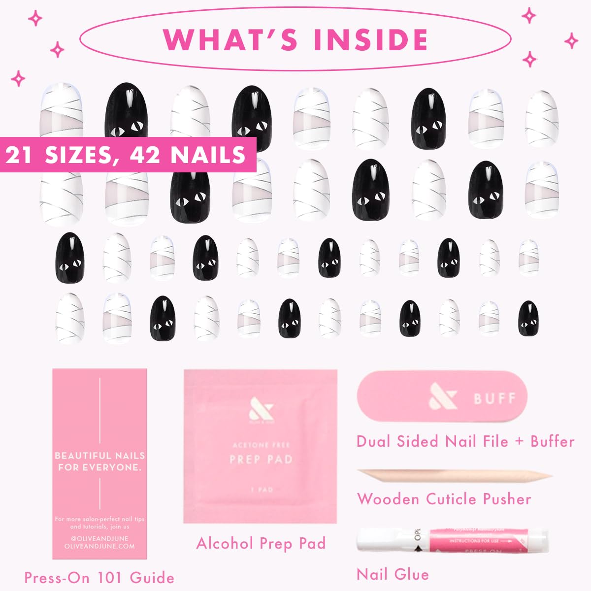 Olive & June Instant Mani Press-On Nails | Glue | Medium Oval | 42 Pieces, 21 Sizes | Non-Toxic, Long-Lasting Recycled Materials Realistic Look | Salon-Quality at Home | Halloween Mummy Mani