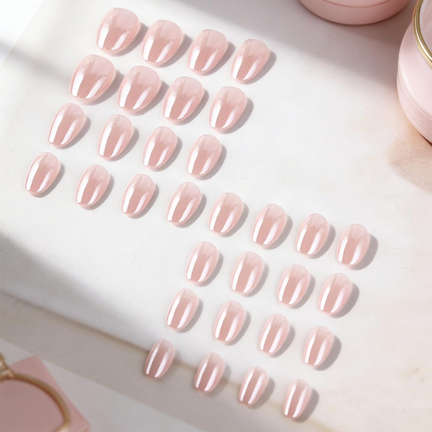Press on Nails With Chrome Design, Glossy Nude Pink Fake Nail, Short Oval False Nails Mirror Glue on Nail, Natural Stick on Reusable Acrylic Fingernails for Women Daily Wear