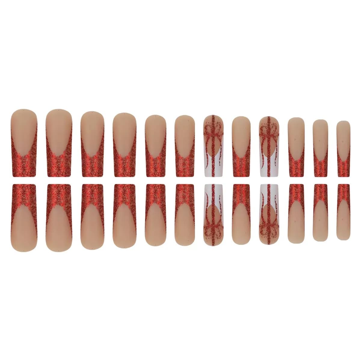 Long Press on Nails Square - Red French Tip Fake Nails with Bow Design - Glitter False Nails Press ons - for Women Manicure 24 Pcs