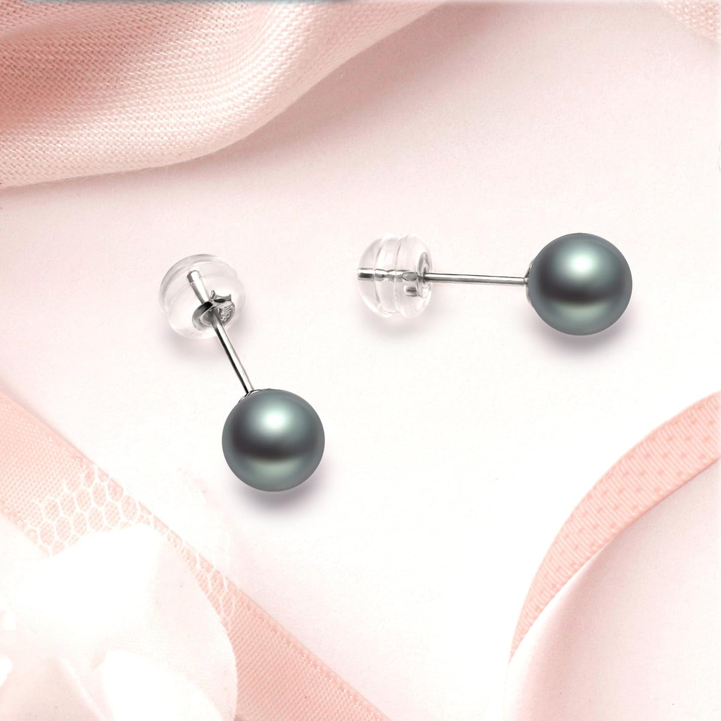 14k White Gold Simualted Black Pearl Necklace and 18k Earrings Set for Women