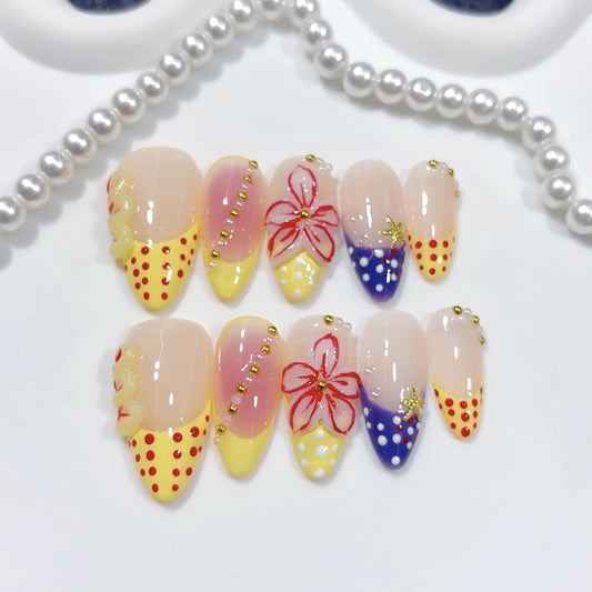 Almond French Handmade Nails with Flower Polka Dot Design Nude Medium Press on Nails Full Cover Detachable Artificial Acrylic Fake Nail for Women Girls Manicure DIY 10 Pcs （S）