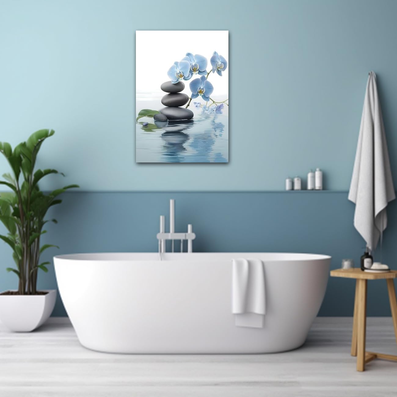 CXHOSTENT Spa Bathroom Wall Art Blue Orchid Flowers and Zen Stones on Water Pictures Print on Canvas Framed Artwork for Yoga Zen Room Decor (Zen-3, 12.00"x18.00")