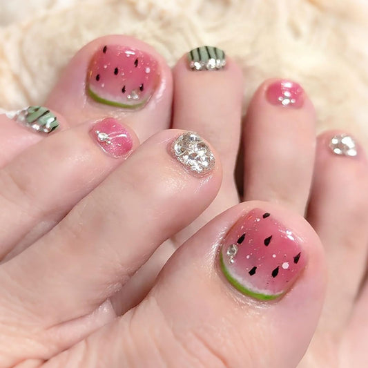 RUOKEXIN Short Press on Toenails Square Fake Toenails with Watermelon Designs Summer Toe Nail Press ons Sparkly Artificial Nails for Women 24Pcs