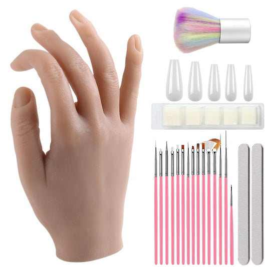 Fcozpjk Silicone Practice Hand for Acrylic Nails, Soft Flexible Fake Hand Practice Nail Acrylic Technician Fake Nail Mannequin Hand with 100PCS False Nail Tips, Nail Art Beginner Kit Training Tools