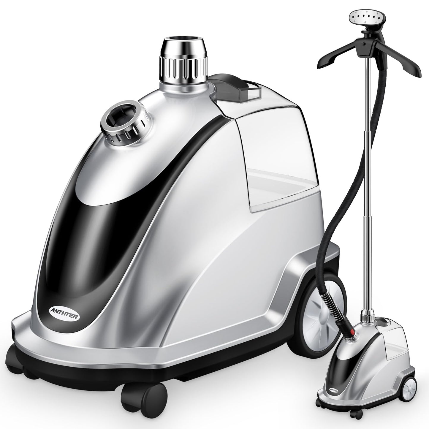 Anthter Steamer for Clothes, 1500W Powerful Standing Garment Steamer with Roll Wheels, 2.4L Water Tank for 90 Mins Continuous Steaming, 35s Fast Heat-up (Silver)