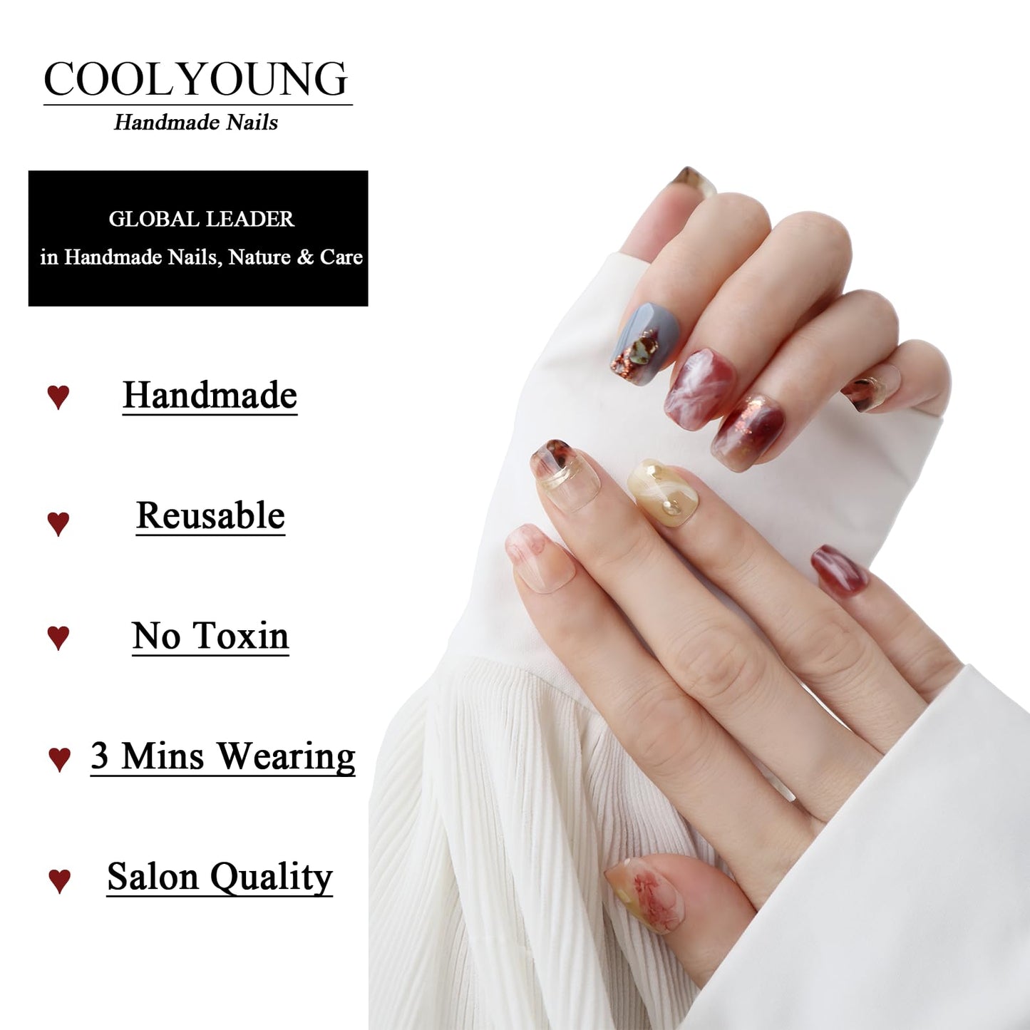 Hand Painted Press On Nails Short Handmade Square Fake Nails Vacation Nails Fake Nails With Designs Ombre 3D Nails Ladies Gifts COOLYOUNG False Nails, 10 PCS, Size L