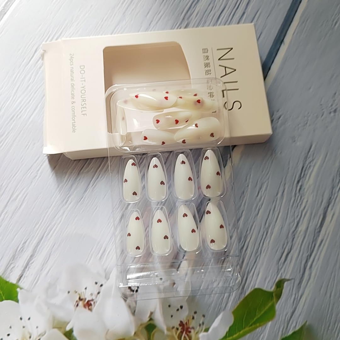 24Pcs Valentines Press on Nails Medium Almond Fake Nails Milky White False Nail Tip Kit with Red Heart Designs Cute Glue on Nails Full Cover Acrylic Stick on Nail for Women Girlfriend Gift