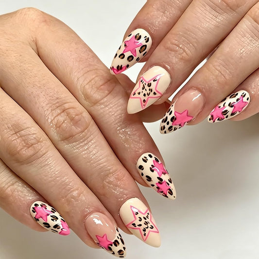 Leopard Print Press on Nails - Medium Almond Fake Nails Press ons with Pink Star Design, Leopard French Tip False Nails, Full Cover Stick on Nails for Women Manicure, Glossy Finish | 12 Sizes - 24 Pcs