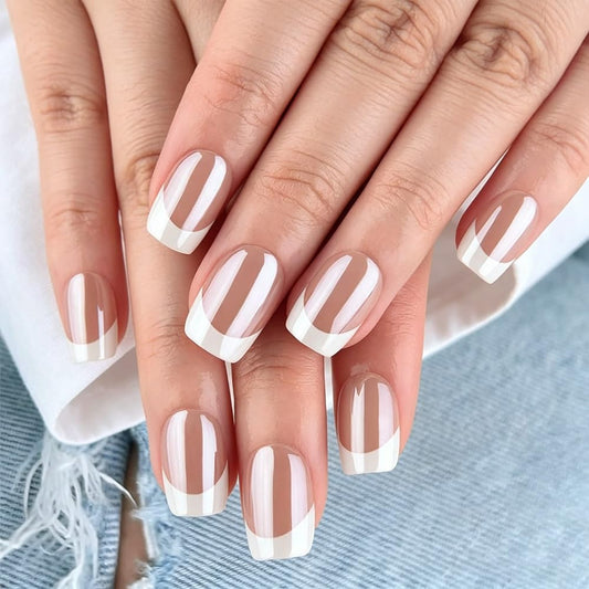 evpct French Tip Press On Nails Short Square, Nude Brown + White Tips, Chrome Glazed Glossy Short Square Fake False Press on Nails, Reusable Gel Stick on nail Press ons with Nail Kit, Salon Quality