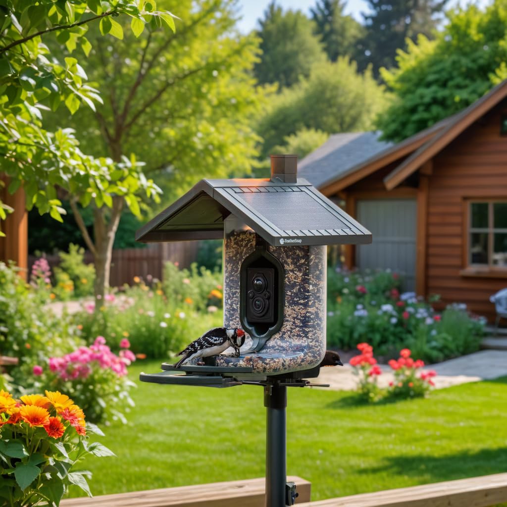 Bird Feeder with Camera with AI Identify Birds Species Solar Panel, Smart Bird House with Cam, 2K Live View, Instant Arrival Alerts, Dual Feeder, Includes Pole Stand